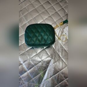 Hand Crafted Green Quilted Zip Pouch Key Chain With Tassle Accent
